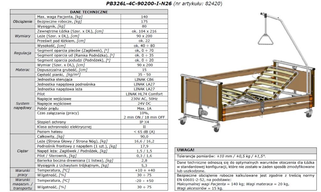 Łóżko rehabilitacyjne elektryczne PB 326 z wysięgnikiem Elbur