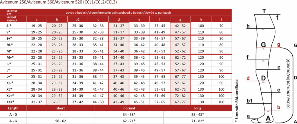 Rozmiary Rajstopy przeciwżylakowe I stopnia ucisku Avicenum 250 ( 18-21 mmHg) ARIES