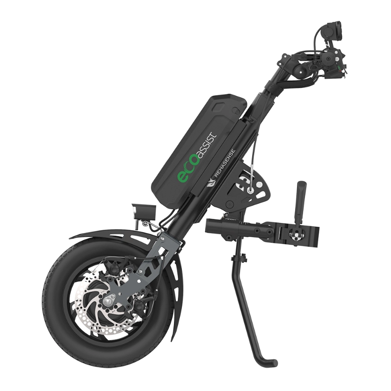 Przystawka elektryczna do wózka Rehasense Eco Assist 12″ – lekka konstrukcja, manualne podłączanie, standardowa kierownica, szerokość ramy 210–480 mm