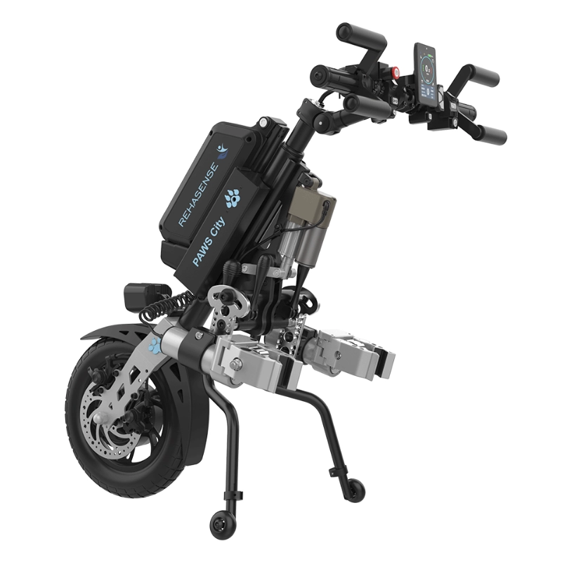 Przystawka elektryczna do wózka Rehasense PAWS City 12″ – podłączanie automatyczne, kierownica Tetra, szerokość ramy 295–540 mm