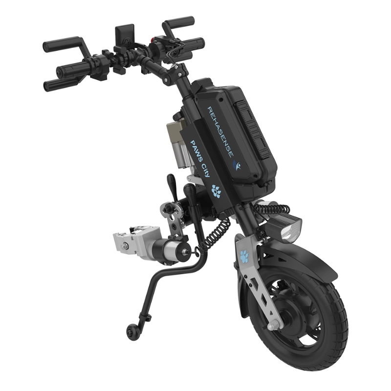 Przystawka elektryczna do wózka Rehasense PAWS City 12″ – podłączanie automatyczne, kierownica Tetra, szerokość ramy 295–540 mm