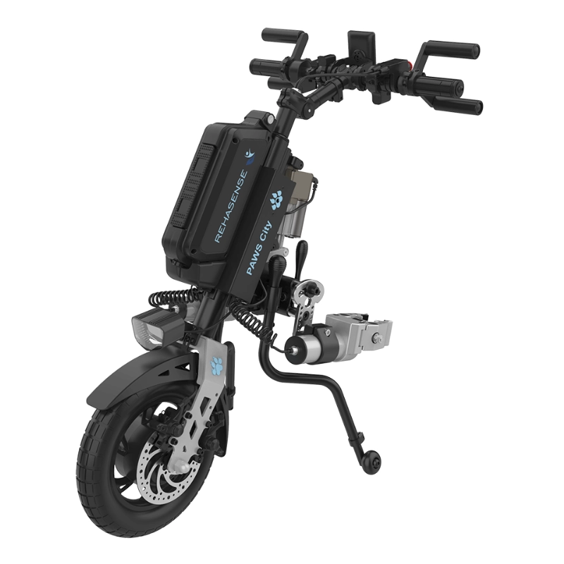 Przystawka elektryczna do wózka Rehasense PAWS City 12″ – podłączanie automatyczne, kierownica Tetra, szerokość ramy 295–540 mm