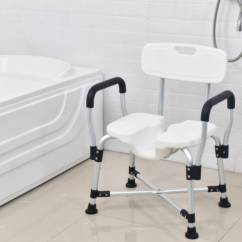 Krzesło prysznicowe z wycięciem higienicznym do podmywania – Aluminiowe krzesło łazienkowe z oparciem (udźwig 125 kg)